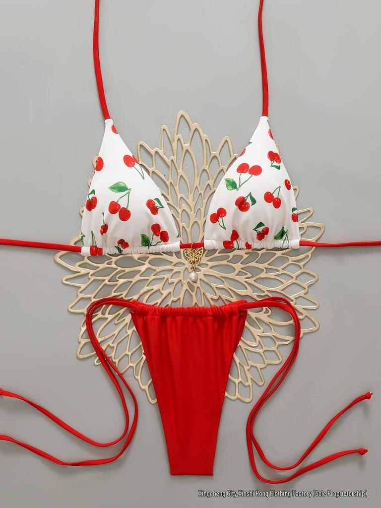 Cherry Print Backless Three-Piece Bikini Set - European American Style, 2026 Collection