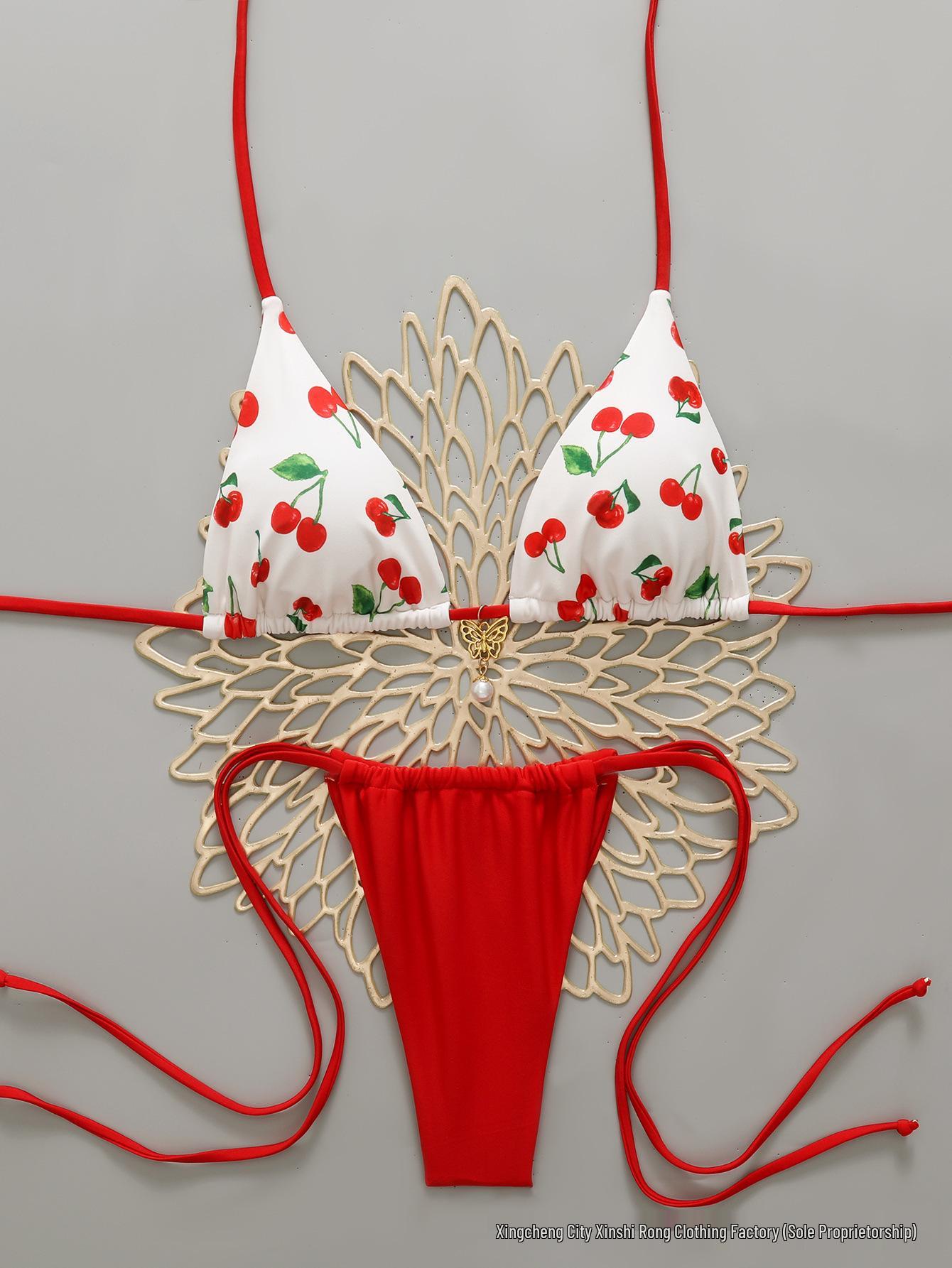 Трехсекционный Бикини-Комплект с Принтом Вишни и Открытой Спинкой - Европейско-Американский Стиль, Коллекция 2026 Large грязно-белый