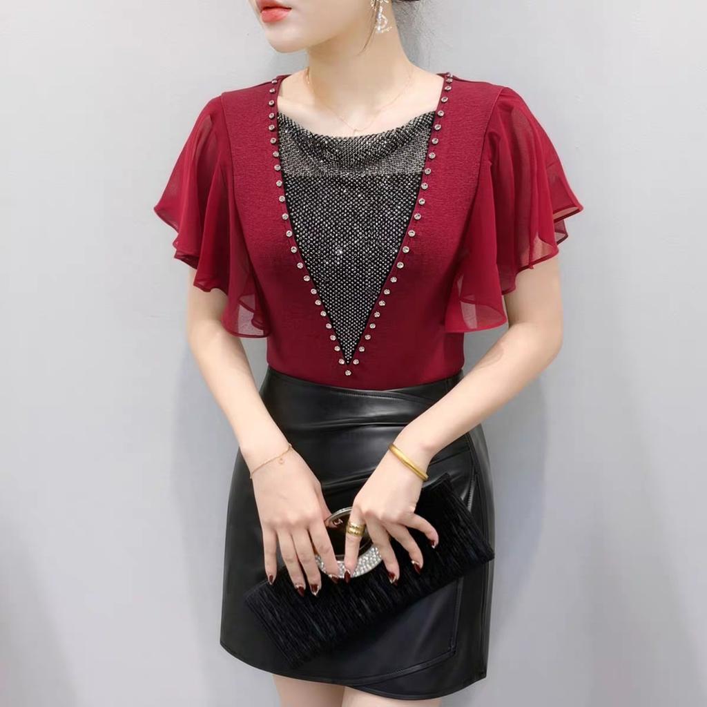 Summer Women's Sexy V-Neck Short Sleeve T-Shirts Elegant Luxury Hollowed-Out Hot Diamonds Casual Tops Brand Female Slim Tees Blouse