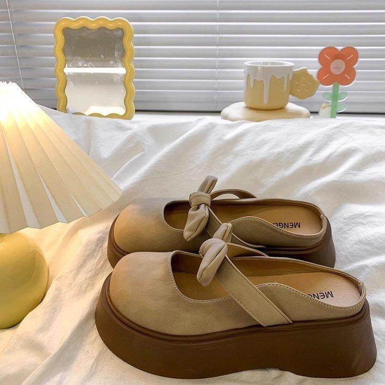 French bow bag head half slippers women's outer wear 2025 new spring thick bottom with skirt Mary Jane cool slippers