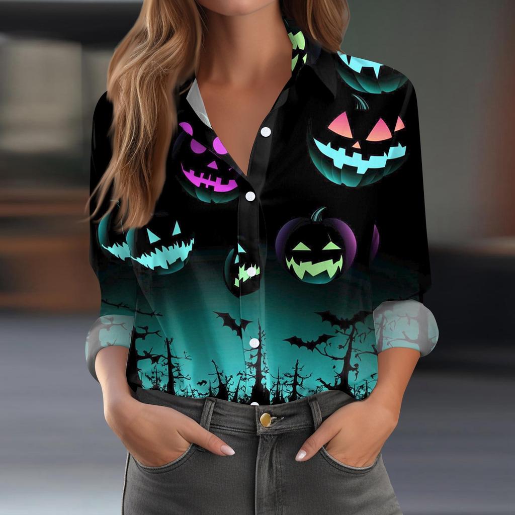 Damen Hemd Bluse Halloween Print Knopf Langarm Lässig Basic Hemdkragen Regulär Top