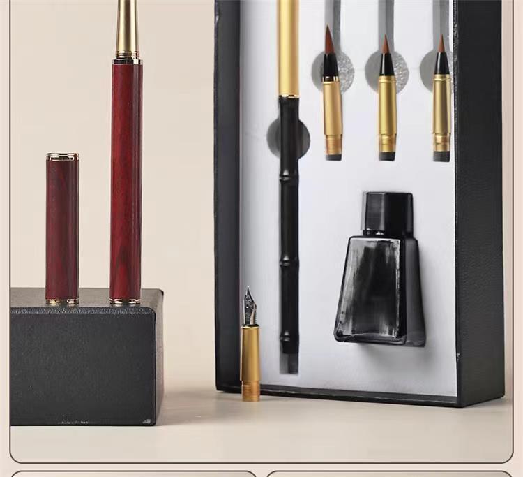 Sandalwood Calligraphy Brush Pen with Replaceable Ink and Nylon Soft Tip for Small Regular Script, Engraving Capable