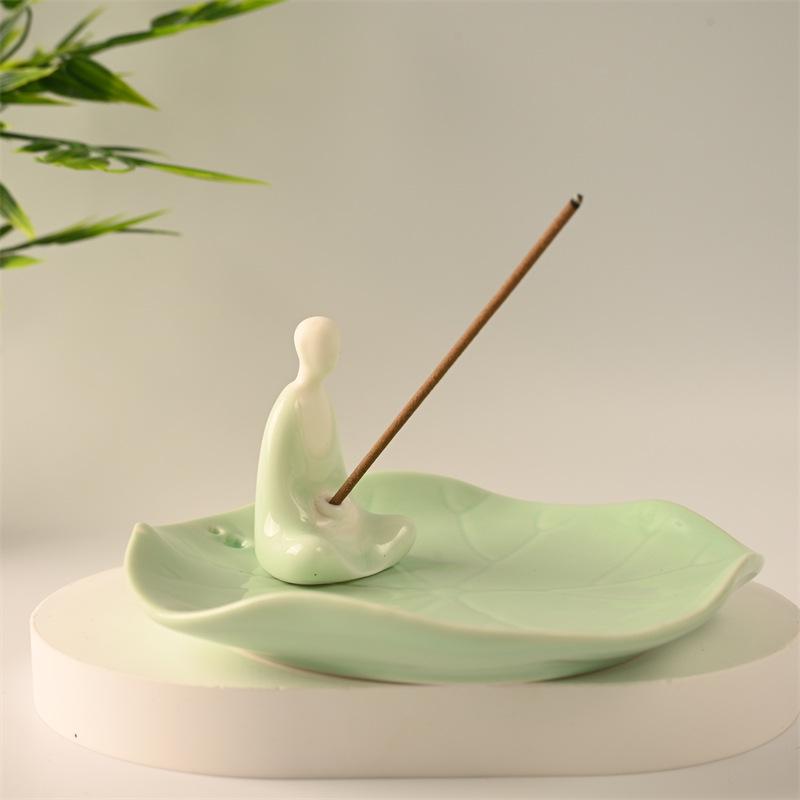 Celadon Lotus Leaf Incense Holder - Ceramic Monk Zen Burner for Indoor Decor