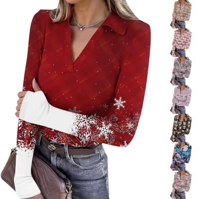 Women's Fashion Casual Christmas Print V-Neck Long Sleeve Button-Down Top
