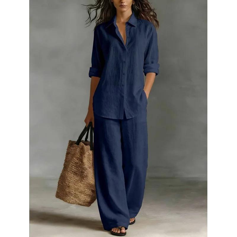 Fashion Linen Shirt Long Sleeved Women's Set Spring Autumn Loose Wide Leg Trousers Female Office Set