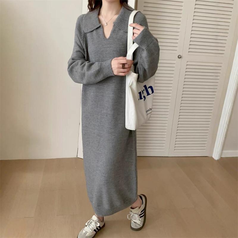 Long with coat knitted dress autumn and winter new loose lazy collar bottom with sweater skirt top