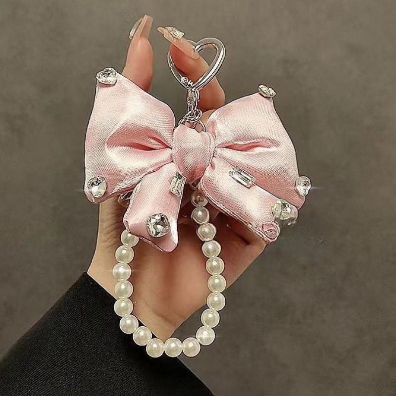 

Ins Korean Pink Bow Pearl Beads Handheld Wrist Key Chain Hanging Rope Mobile Phone Jewelry Bag Pendant