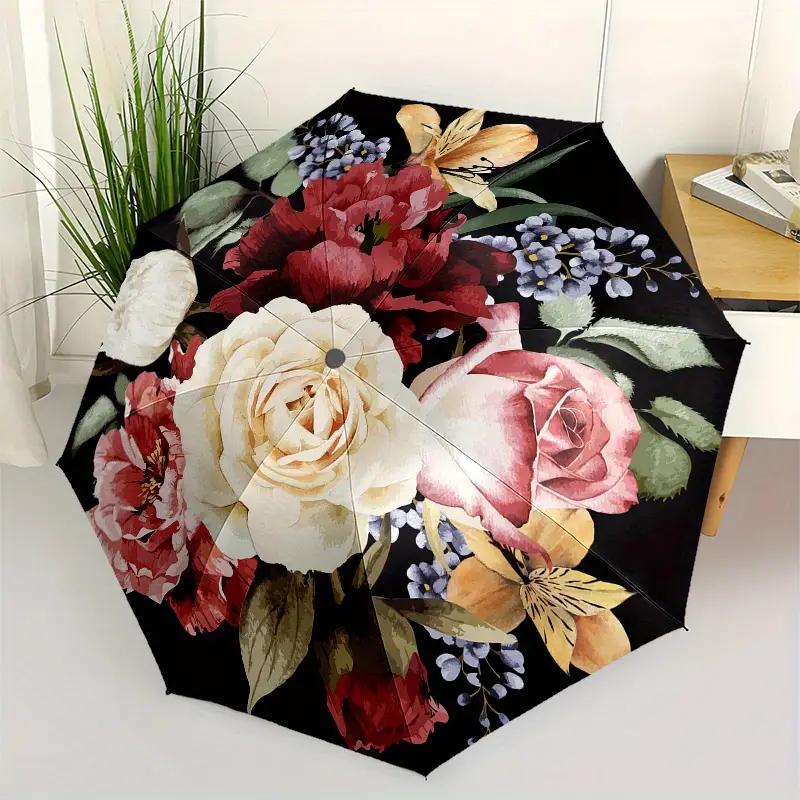

Vintage Floral Umbrella with Open/Close - 8-Rib Compact Folding Umbrella for Women & Men, Pink/Red/Green/White//Yellow Flower (as the picture,Iron&8K)