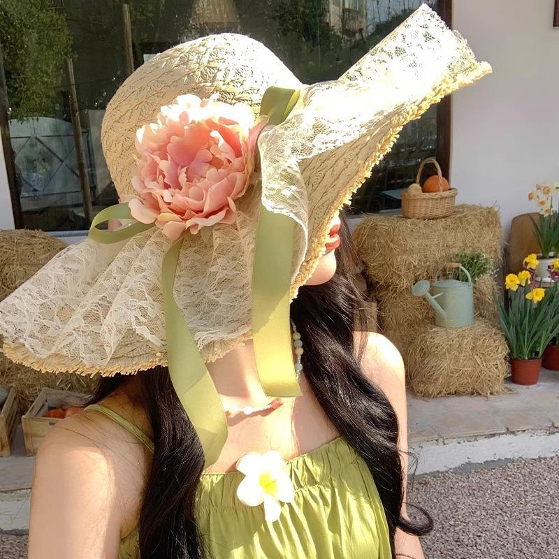 Flower Bow Lace Raffia Straw Hat Women's Seaside Beach Vacation Style Big Brim Sun Protection Sun Hat