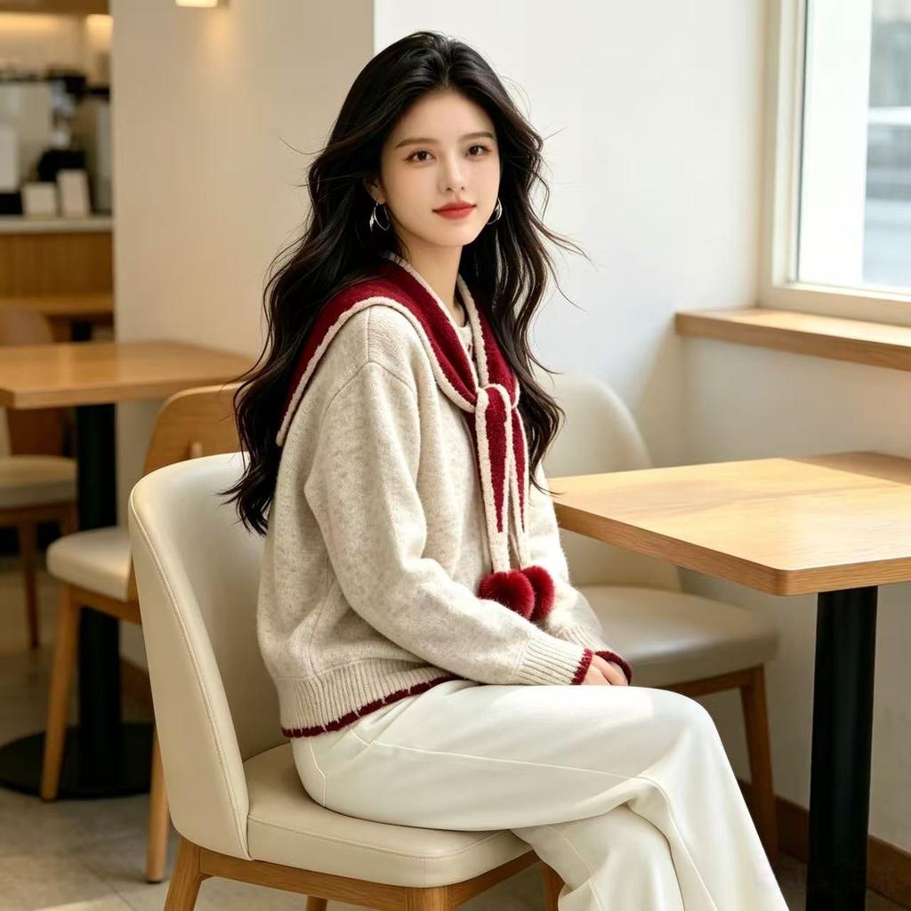 French Sweet with Shawl Navy Collar Knitted Cardigan Women's 2026 Autumn and Winter New Design Red Sweater Jacket