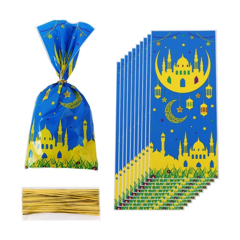 100pcs Eid Mubarak Gift Bags with Rope Moon Stars Biscuits Packaging Holder