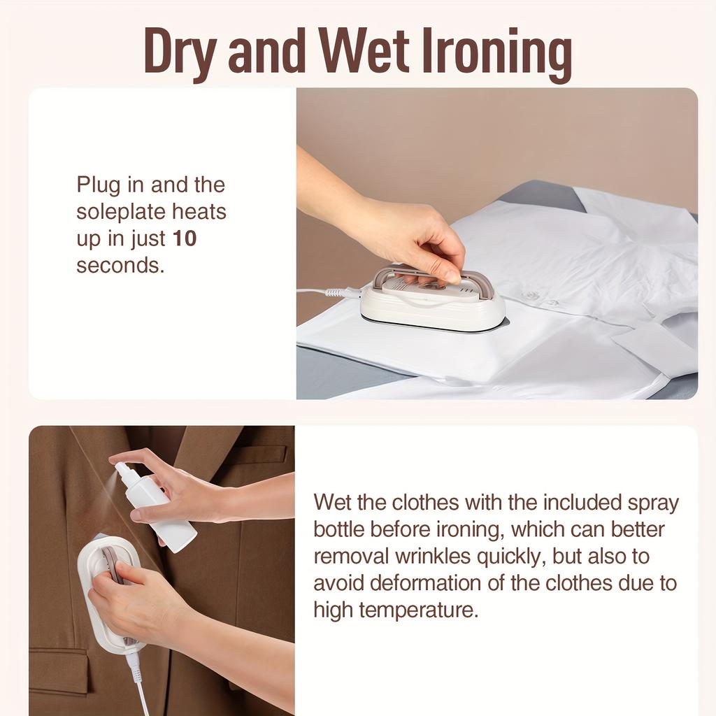 Portable Handheld Iron, Mini Dry Iron for Clothes No Steam, 10s Heat Time, Auto Adaptive 100-230V Voltage, Non Stick Soleplate, 272.16g