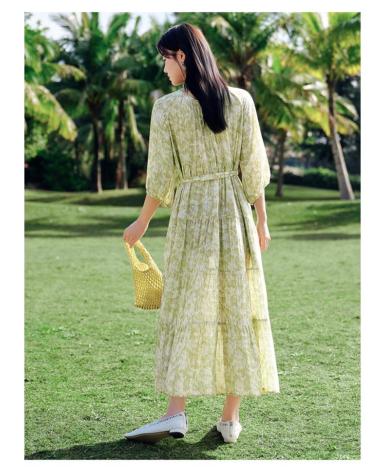 [Green Sound Skirt] Jiuzi Anna Kou Rural Style Relaxing Plant Printed Dress 2025 Summer New Style