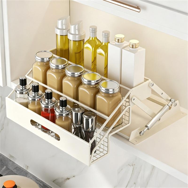 Kitchen Cabinet Seasoning Shelf, 3 Level Carbon Steel Storage Design with Guard Rails for Bottle Sorting and Access