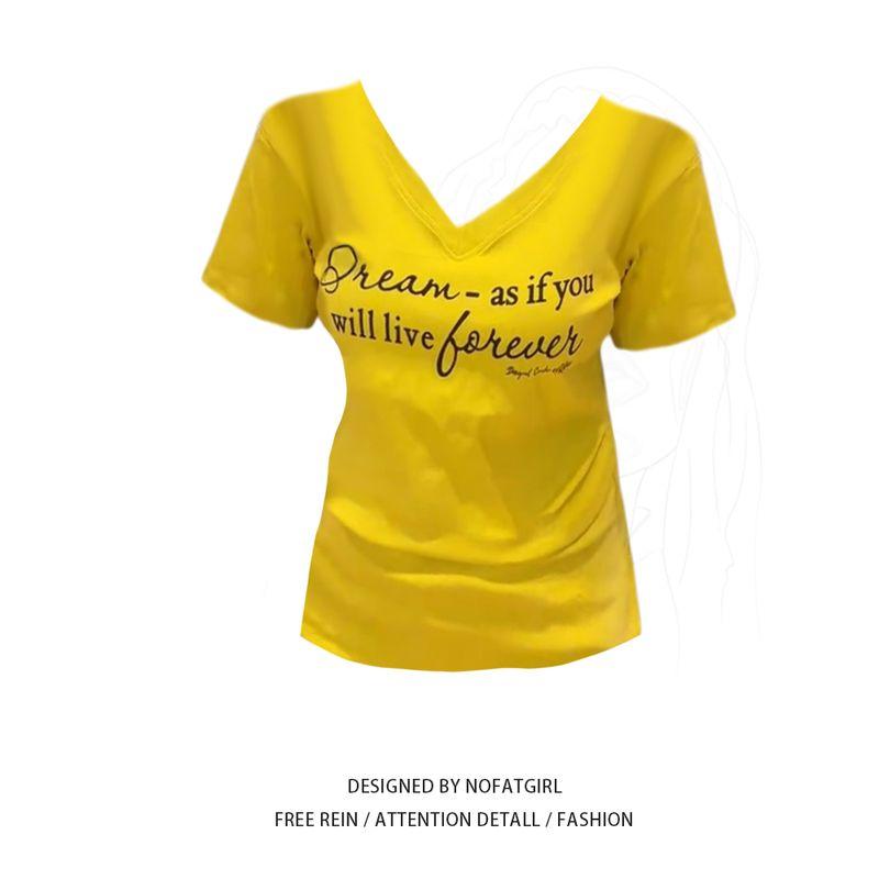 

Plus size Chubby Girl American vintage Yellow Letters V-neck Short sleeve T-shirt Women Summer Waist Hugging Slimming Gyaru Top Black Short Sleeves XL