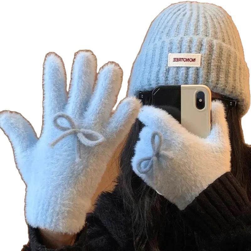 Korean Style Pink Bow Knit Fingerless Gloves for Women - Warm Fleece Lined, Fluffy Winter Fashion