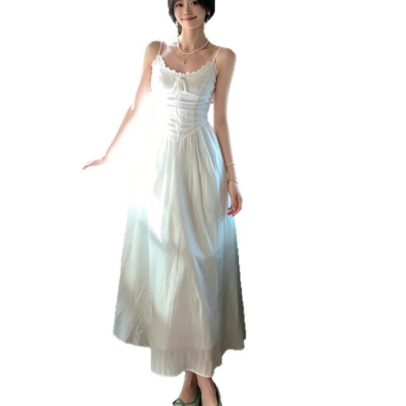 New unique beautiful gentle temperament long dress summer wear French white suspender dress women's summer