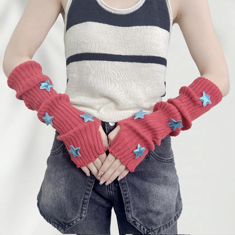 Fingerless Gloves Red Sleeves Sweet And Cute Girl Wool Knitted Christmas Star Arm Sleeves