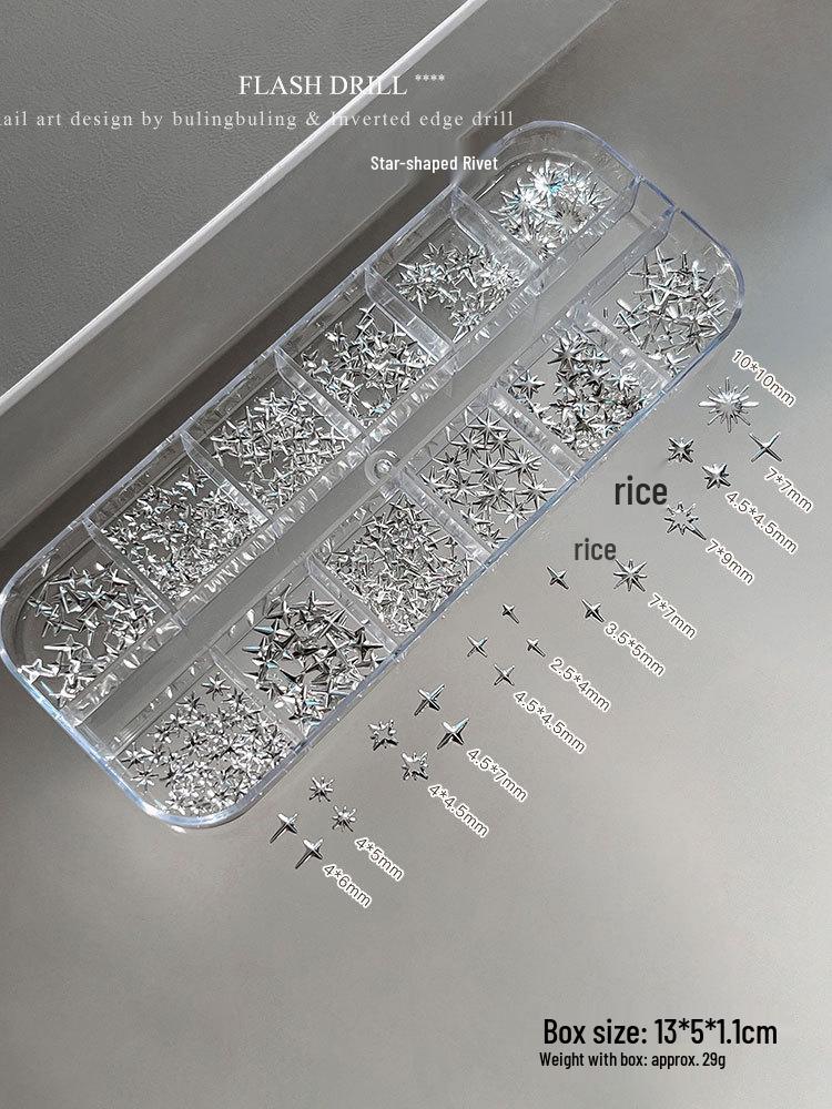 12-Grid 3D Star Rivet Nail Art Decorations - Light Luxury Alloy for DIY Nails Gun Black