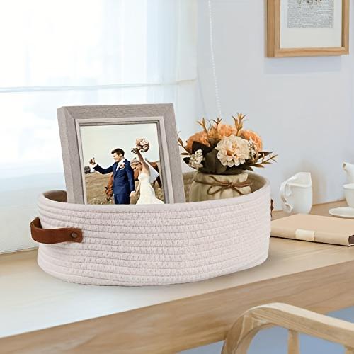 [Woven Storage Basket] Woven Storage Basket with Handle | Multifunctional Desktop Organizer, Oval Storage Bin, Rope-Woven Basket