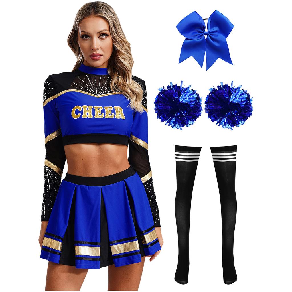 Damen Cheerleading Performance Tanz Outfit Langarm Stehkragen Strass Crop Top Faltenrock Haargummi Set