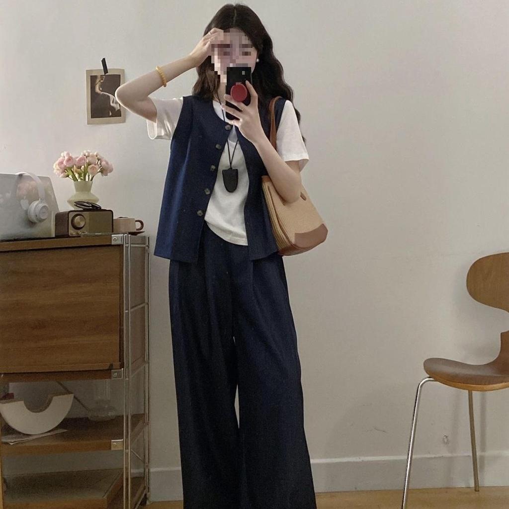 New Plus Size Waist-Cinching Wide-Leg Pants Set: Fashionable Summer Short-Sleeved Vest & Versatile Shirt