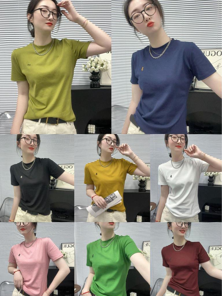 Women's Spring 2025 Embroidered Round Neck Slim Short Sleeve Top