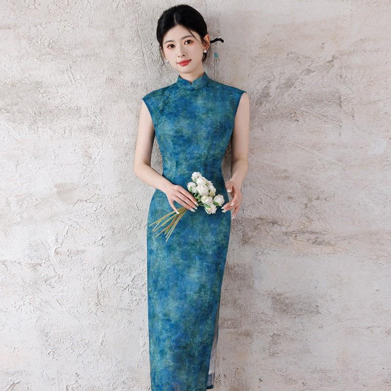 Sleeveless Blue Tencel Linen Qipao Dress Women Modern Chinese Style Long Fit Casual Vintage Elegant Small