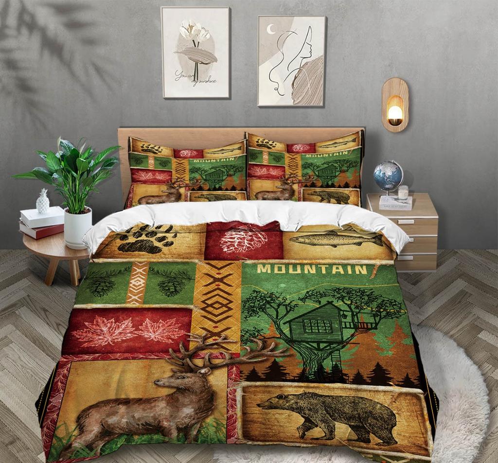 Country Farmhouse Påslakan Queen King Size Djur Vilda Djur Stuga Sängkläder Set Nostalgisk Rumsdekor 3 Delar Med 2 Örngott