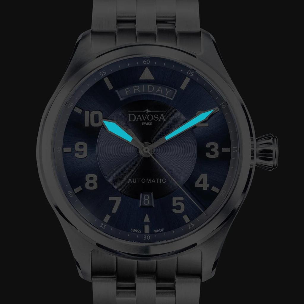 Davosa Newton Pilot Automatic Swiss Day-Date Watch, Made, Silver, 161.585.40, Men's