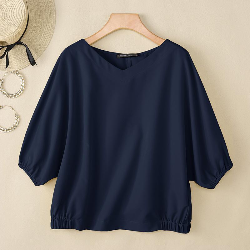

ZANZEA Женская летняя блузка с V-образным вырезом, однотонная, с рукавами 3/4, повседневная 5XL