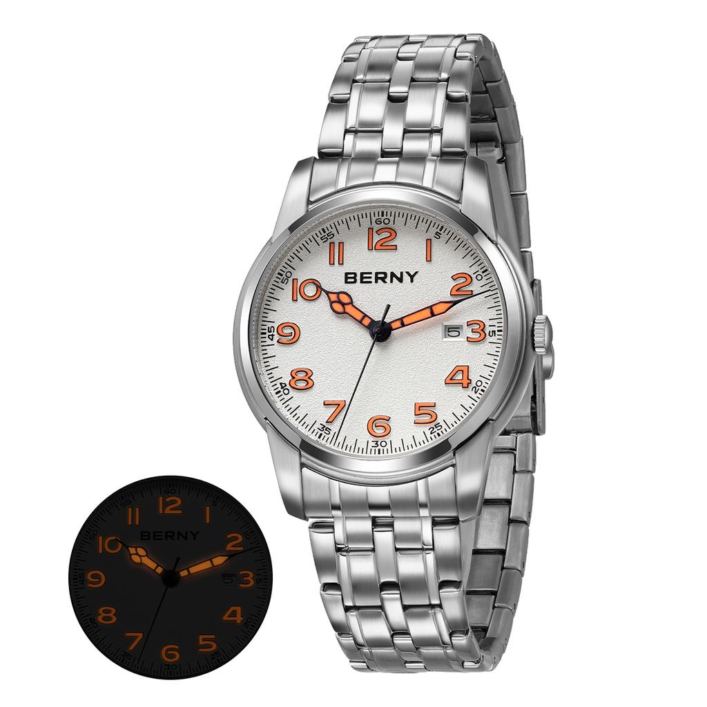 AUQ1 BERNY Watches for Men Calendar Date Luminous Quartz Watch S/S Fashion Classic Sports Easy Read Outdoor Men's Wristwatch