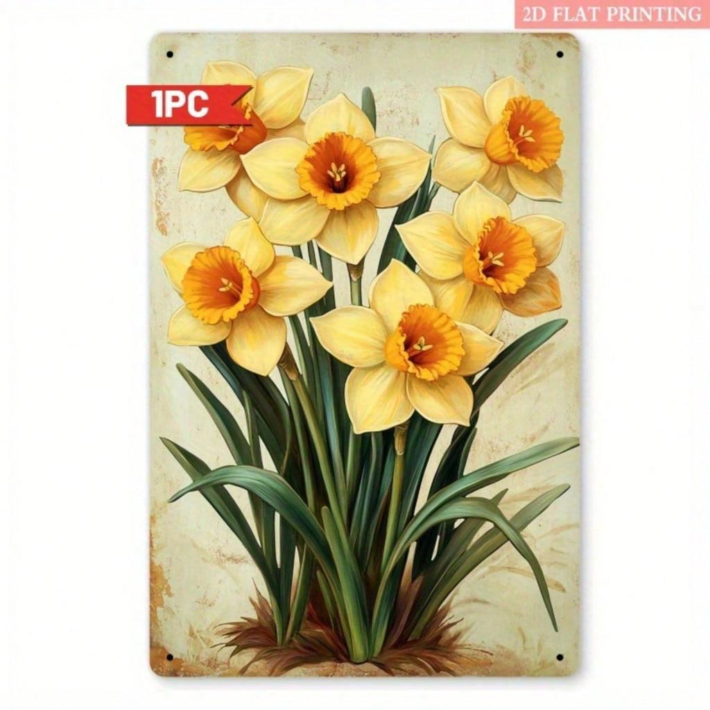 Vintage Yellow Daffodil Metal Sign, Flat Floral Wall Art with Green Leaves, Home Office Hallway Decor, 7.87x11