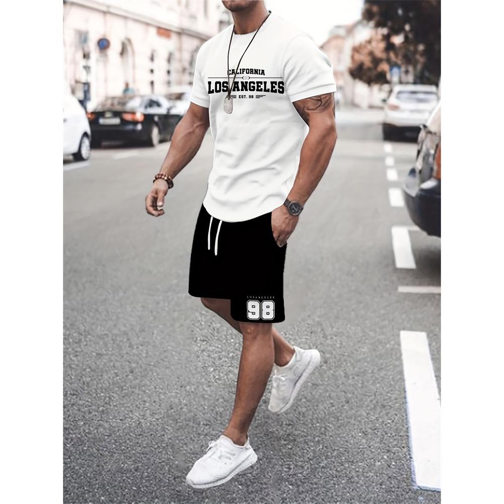 New Stitching Printed Men's Suit Summer Round Neck Short Sleeve Top And Casual Shorts Fashion Street Style Two-Piece Set