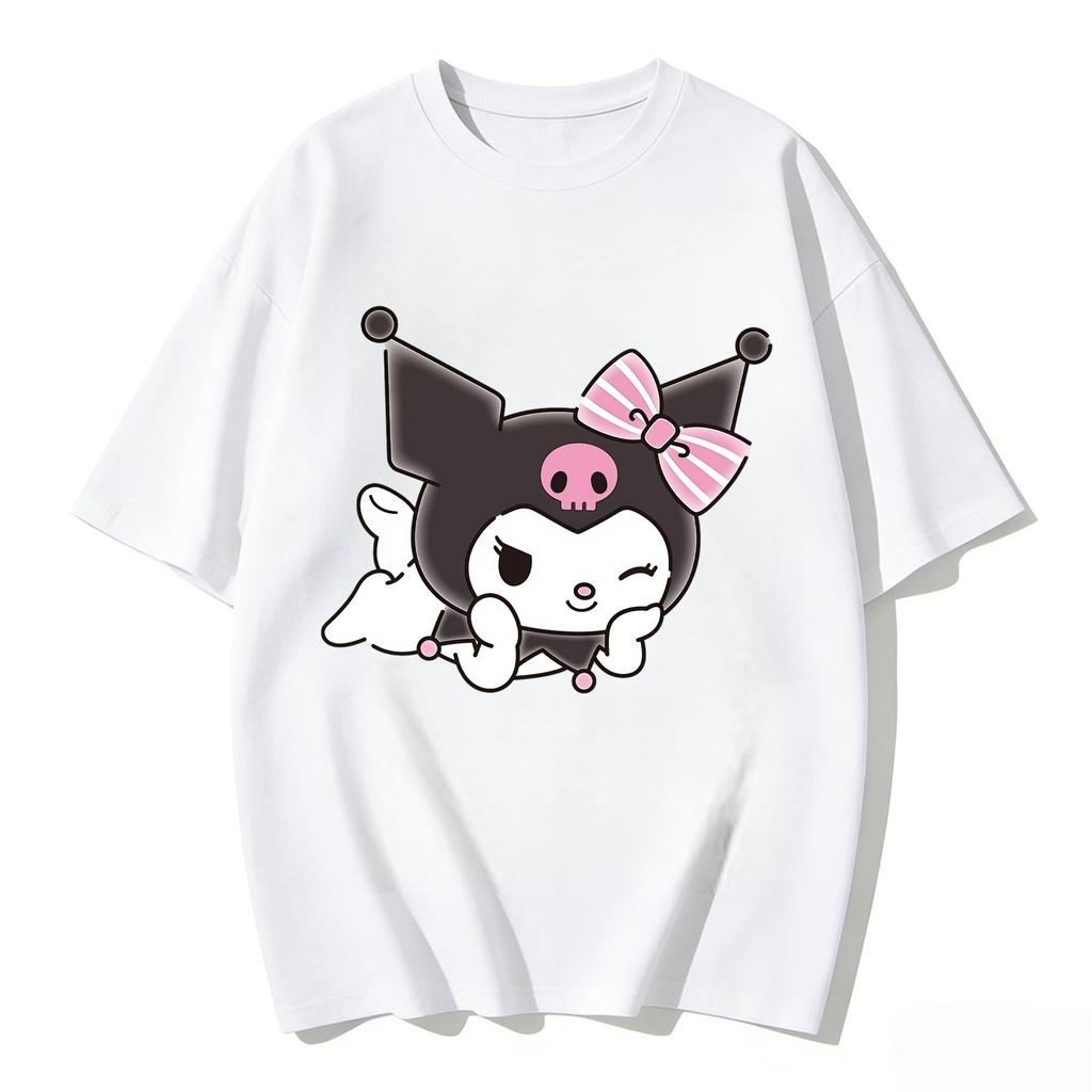 Summer Cute Winking Kuromi Print Tshirt Casual Short Sleeved Tees for Mom and Daughter Fashion Parentchild Clothing Set Tops