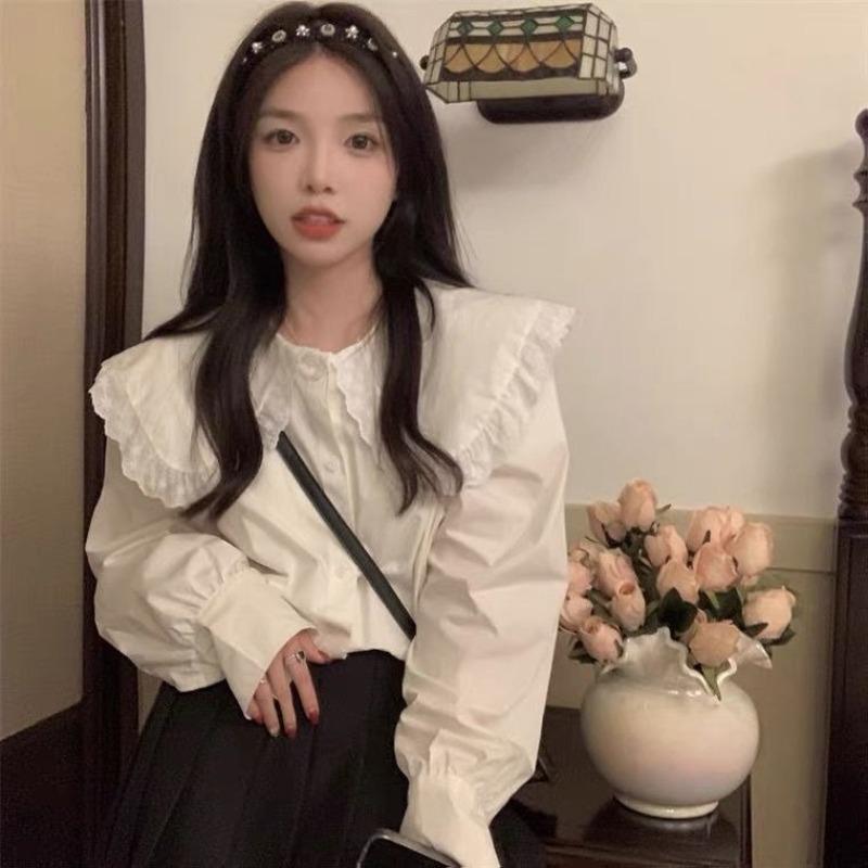 Solid Color Women's Shirt French Style Peter Pan Collar Single Breasted Female Long Sleeved Shirts Spring New Loose Sweet Ladies Front Open Top