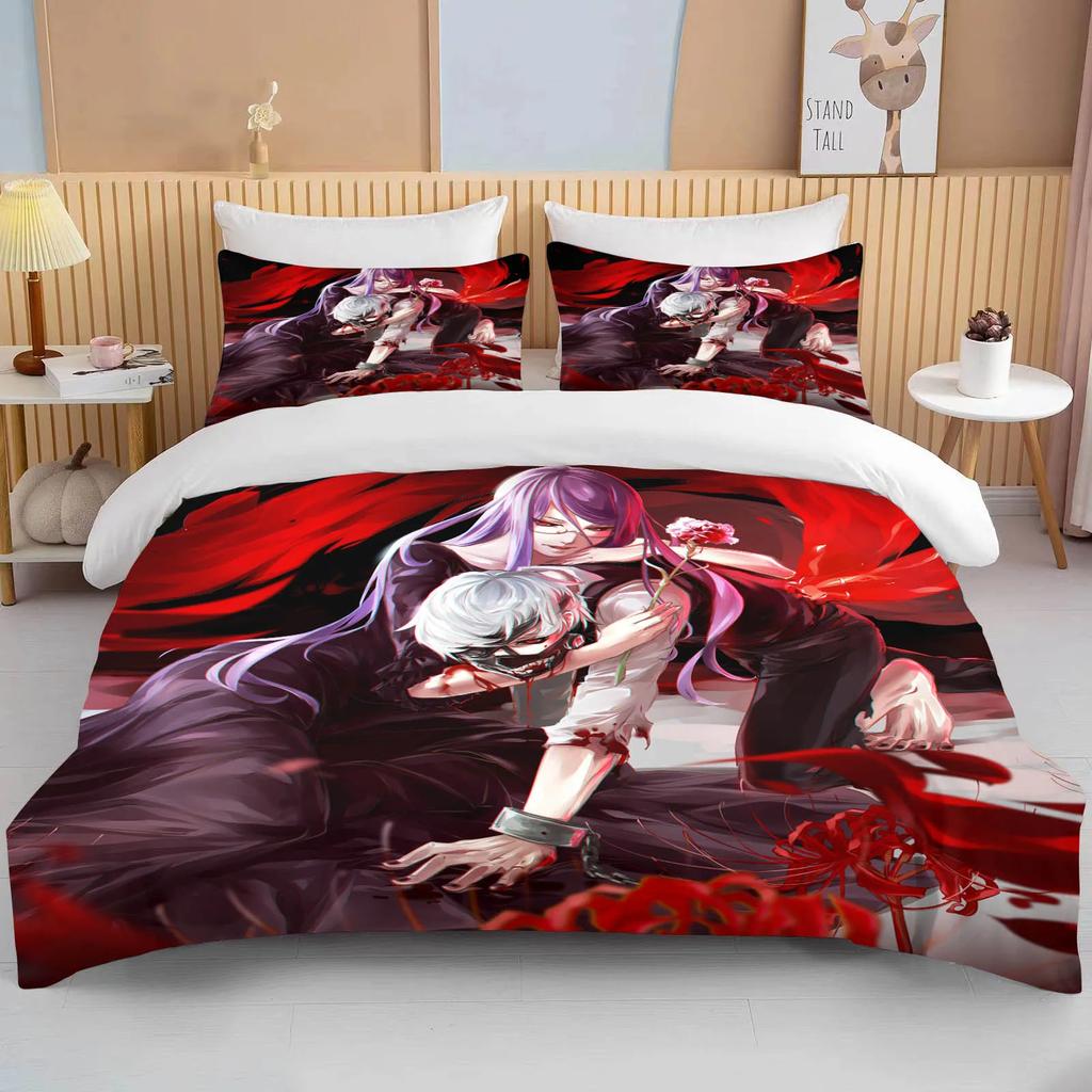 Neues Japan Tokyo Ghoul Bettwäscheset Kaneki Ken Anime Bettwäscheset Schwarz Weiß Bettbezugset Junge Heimtextil 3D Steppdecke Bettwäsche