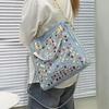 Rhinestone Embellished Denim Tote Bag - Woven Canvas Shoulder Bag with Diamond Accents, Large Capacity Crossbody Purse for Women
