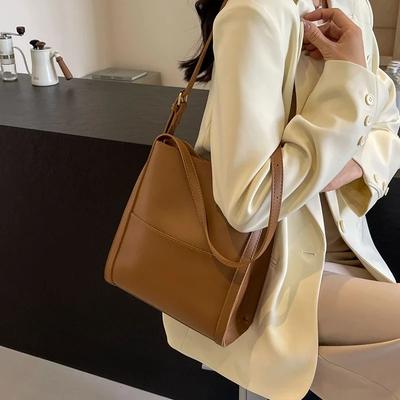 Monochromatic PU Shoulder Bag for Women  Versatile Retro Bag  Large Capacity  Commuting Bag  Forest Style  Fashionable  New