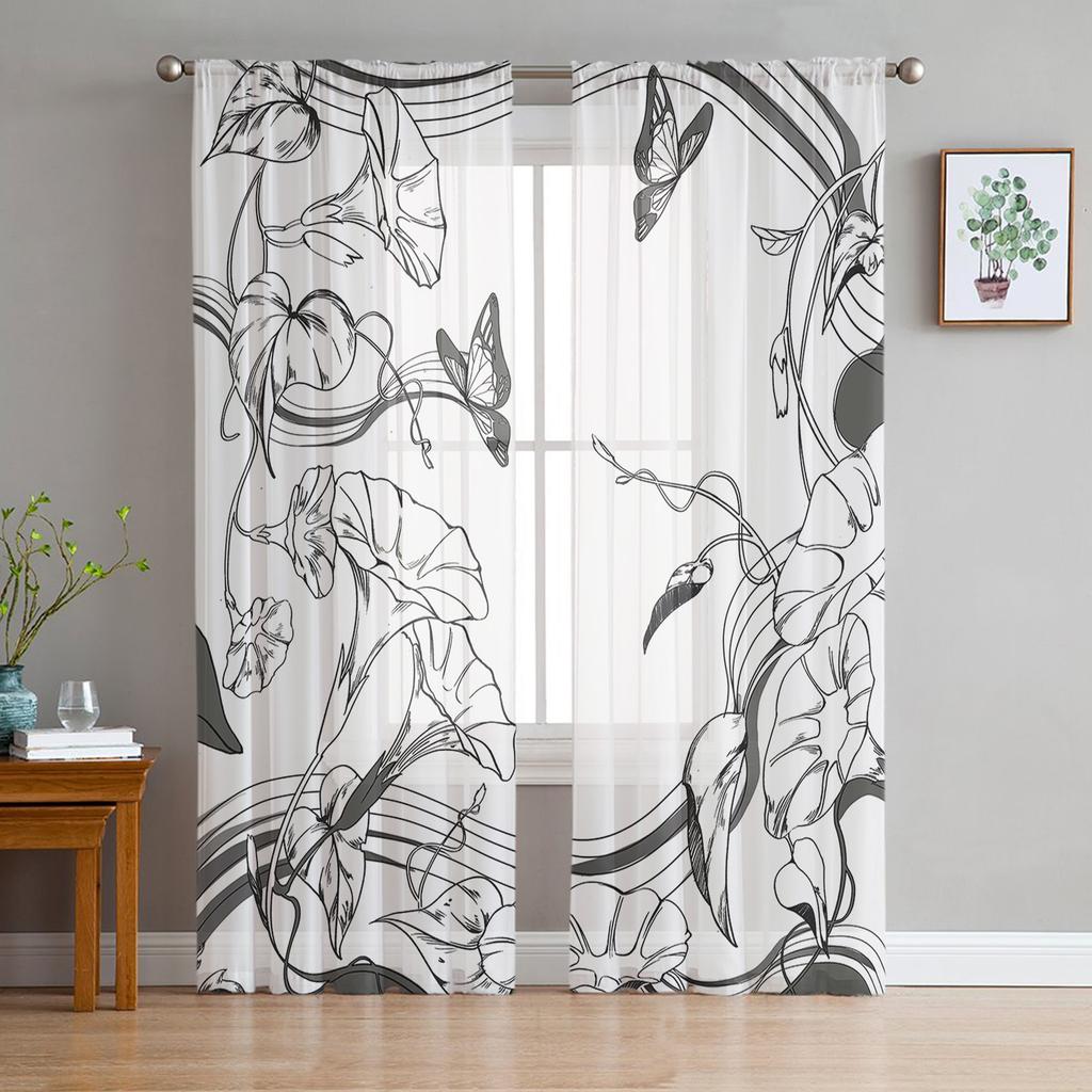 Flowers Butterfly Branches Purple White Tulle Window Treatment Sheer Curtains for Living Room the Bedroom Curtains Decoration