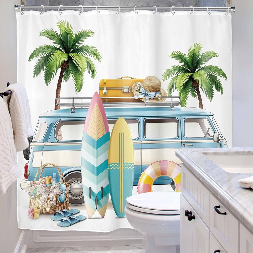 Beach Surf RV Shower Curtain – Tropical Palm Tree & Camping Car Design, Coastal Theme Bath Decor for Men & Boys, with 12 Hooks