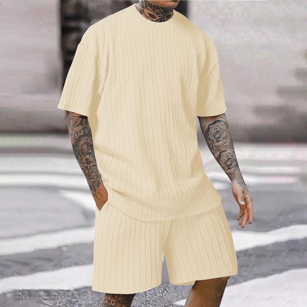 Men's 2 Piece Outfits Short Sleeve Crewneck Summer T Shirt And Drawstring Casual Track Shorts Set