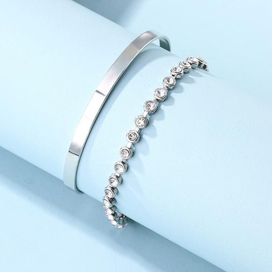 2 Pcs/Set Women Bracelet Set Rhinestone Decor Luster Electroplated Alloy Daily Dating Party Bangle Lady Wrist Jewelry