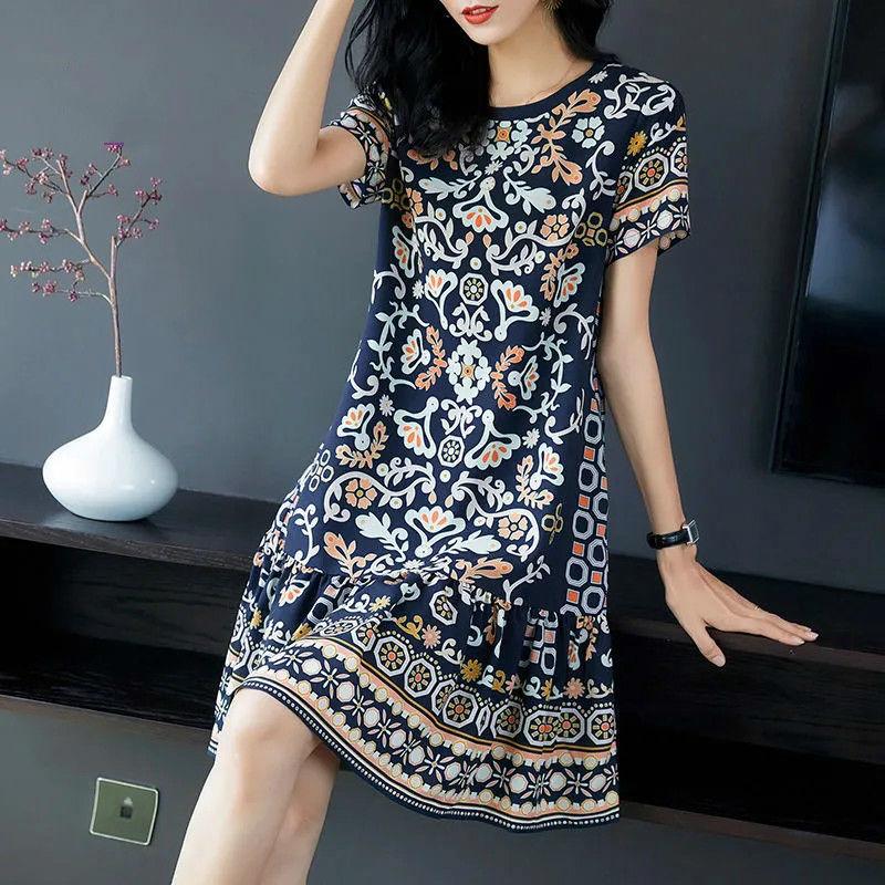 Women s Summer Elegant Casual Round Neck Short Sleeve Dress Loose Printed Office Lady Fashion S