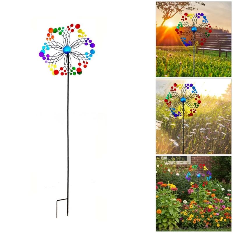 Iron Flower Windmill Toy Garden Spinner for Windmill Yard Garden Balcony Vertical Rainbow Windmill Spinner