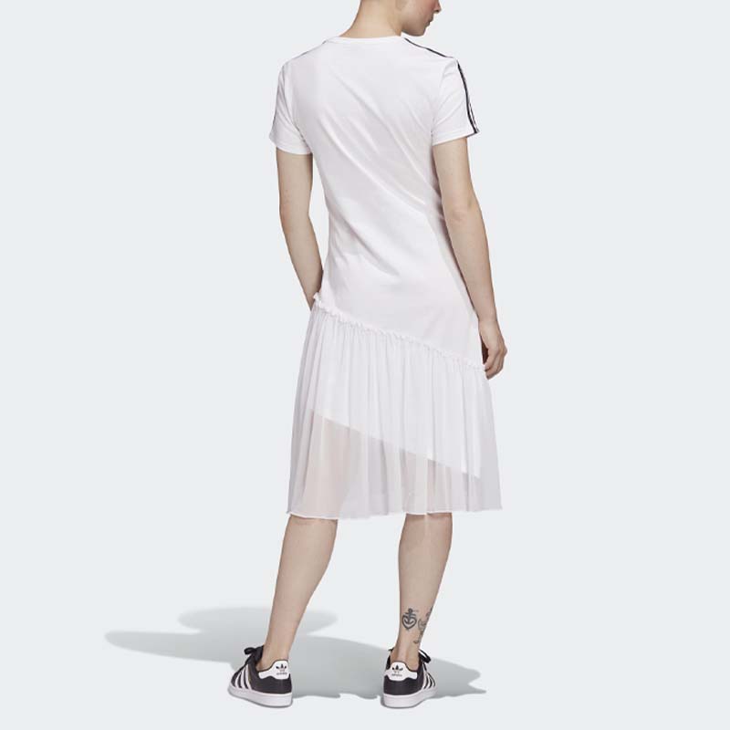 Adidas Originals Tulle Dress Casual Striped Mesh Panel Short Sleeve Dress Women dresses White GK3662
