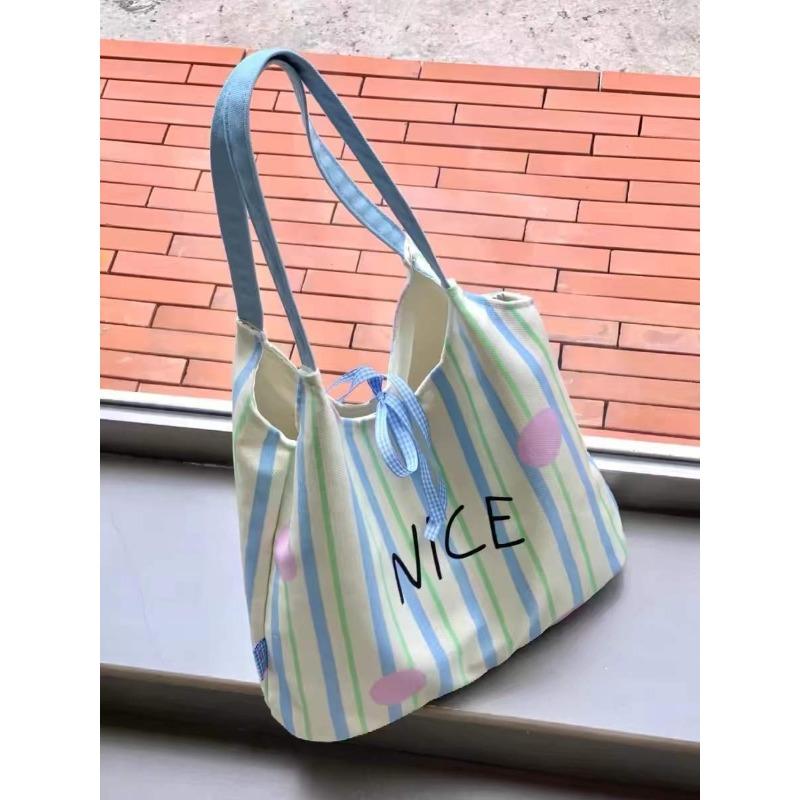 

Canvas bag cream stripe new contrasting color dopamine girl shoulder bag large capacity vest tote women s bag