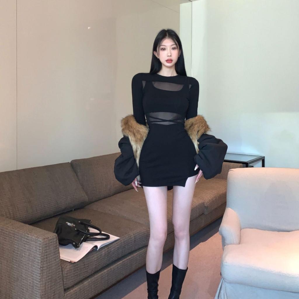 Pure Desire Spice Girl Mesh Splicing Long-sleeved Dress for Women's Autumn and Winter Bottoming, Waist and Thin Buttocks Short Skirt
