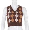 Damen-Pullover, lässig, kariert, gestrickt, Tank-Top, Strickwaren, Preppy-Stil, V-Ausschnitt, Weste