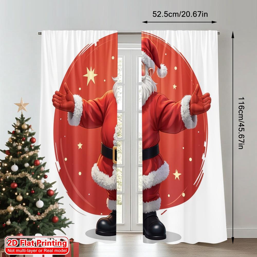 2pcs 2D Flat Printing Christmas Curtain Santa Claus Christmas Tree Sparkle Fabric Without Electricity Holiday Decorations Use